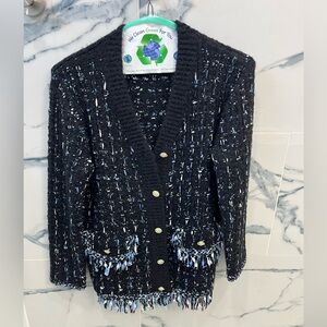 By Anthropologie Tweed Fringe Cardigan Sweater